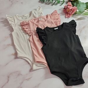 Ruffled Flutter Sleeve Onesie Set - Black, Pink, and White - 6-9 months, Shein